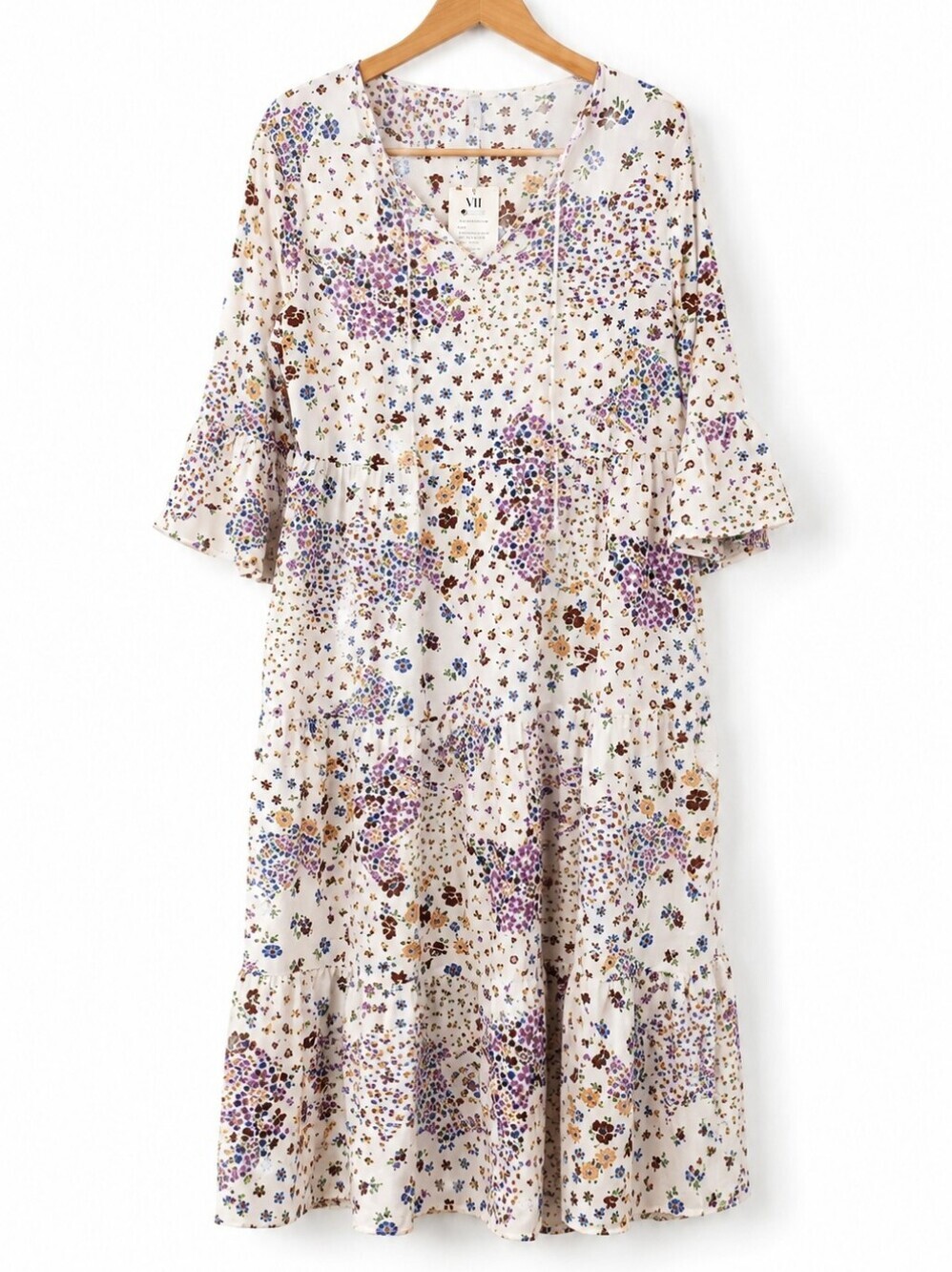 VII Floral Boho Midi Dress | Cottagecore Prairie Tiered Bell Sleeve Women's